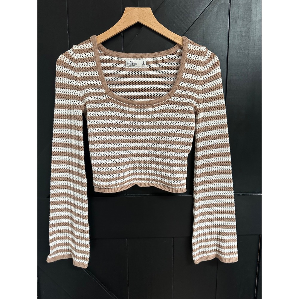 Hollister Striped Cropped Sweater Bell Sleeve Tan White Size S Boho Beachy